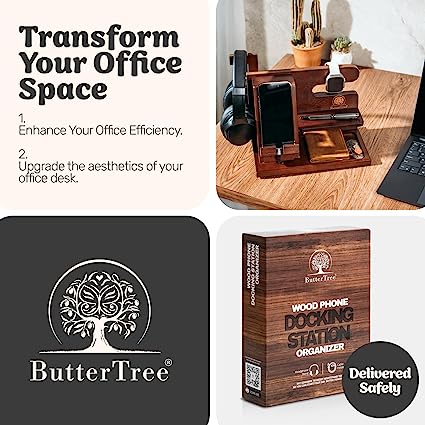 ButterTree Nightstand Organizer Wood Docking Station for Men